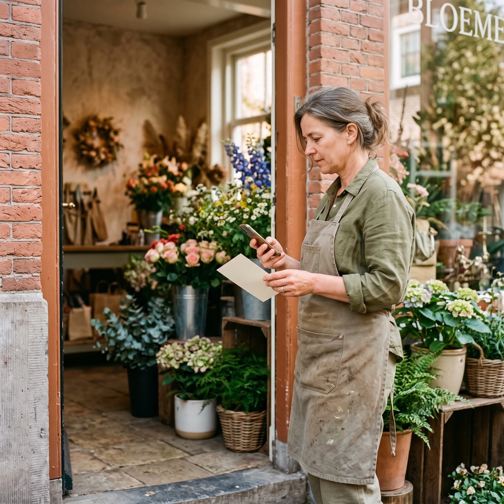 Ondernemer in de deuropening van een kleine winkel met een kaartje en telefoon in de hand