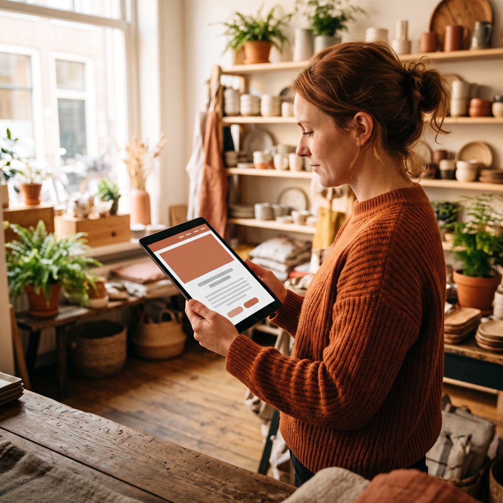 Ondernemer bekijkt de eigen bedrijfswebsite op een tablet in de winkel