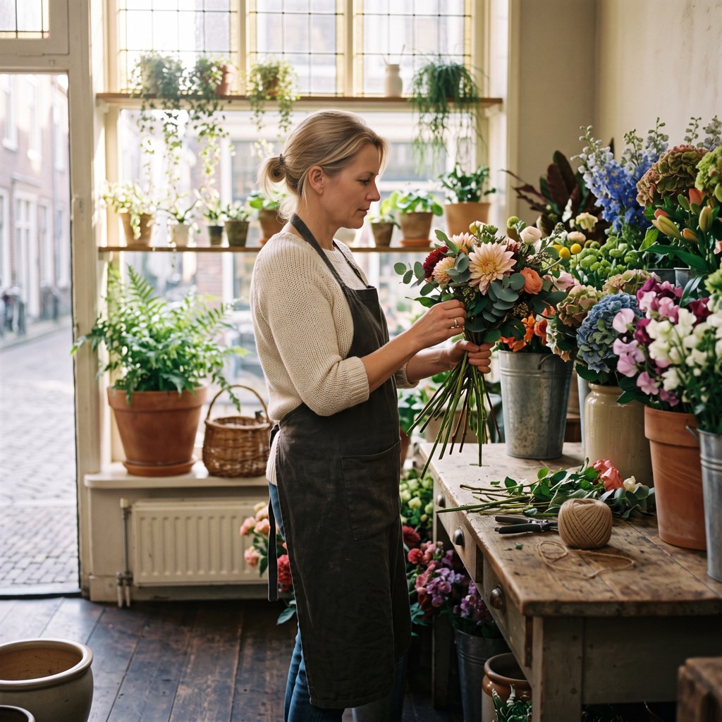 Winkeleigenaar in schort schikt boeketten bij het raam van een bloemenwinkel in ochtendlicht