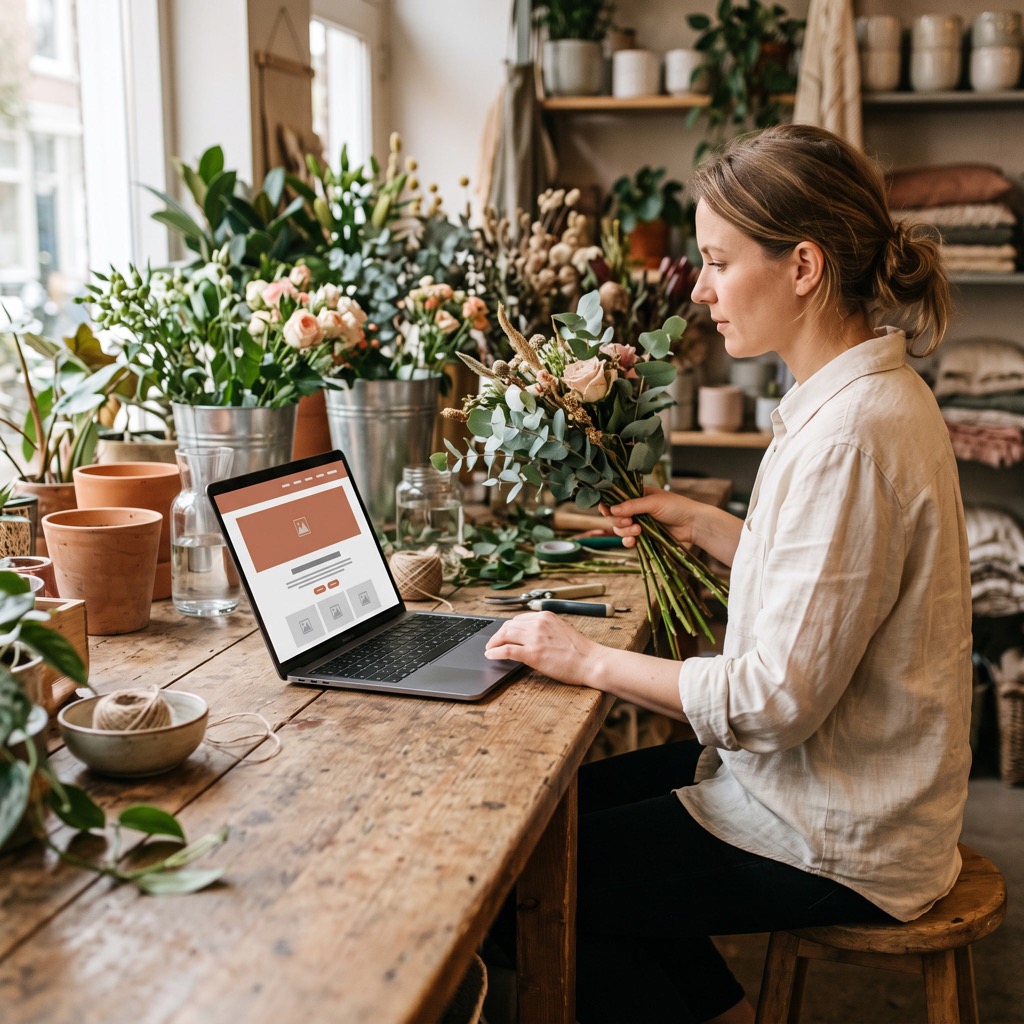 Ondernemer bekijkt de eigen website op een laptop tussen het werk door