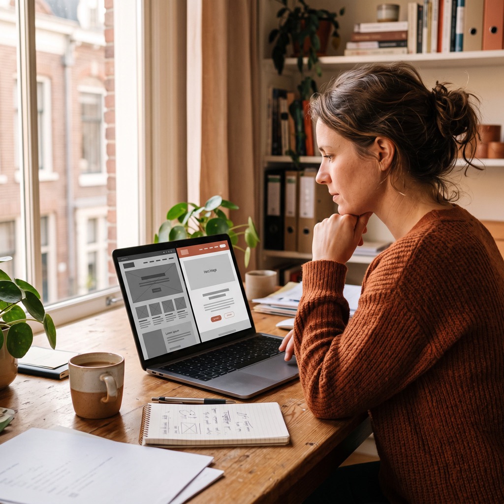 Ondernemer bekijkt oude en nieuwe website naast elkaar op een laptop tijdens de overstap