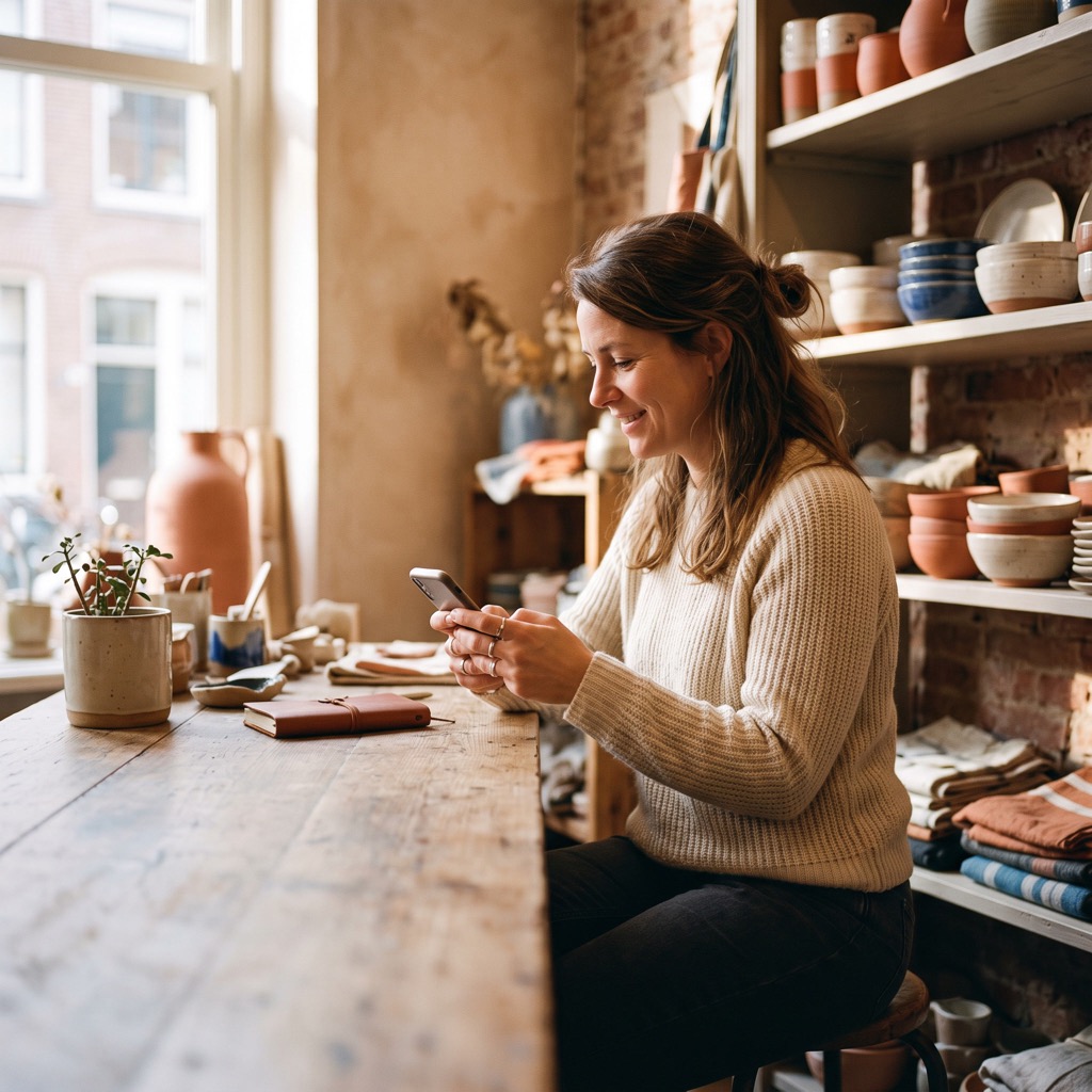 Winkelier die tussen het werk door reviews op haar telefoon bekijkt