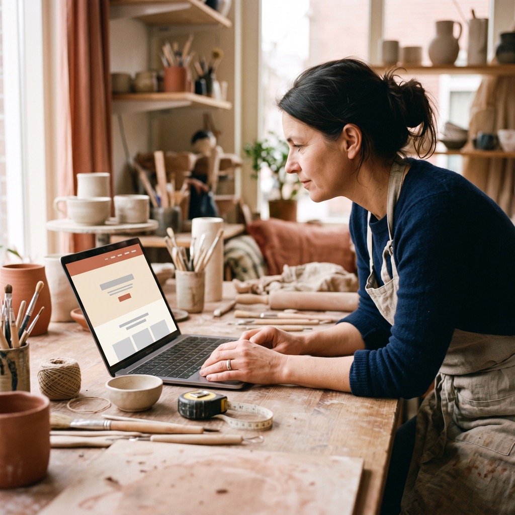 Ondernemer bekijkt de eigen website op een laptop in een werkplaats