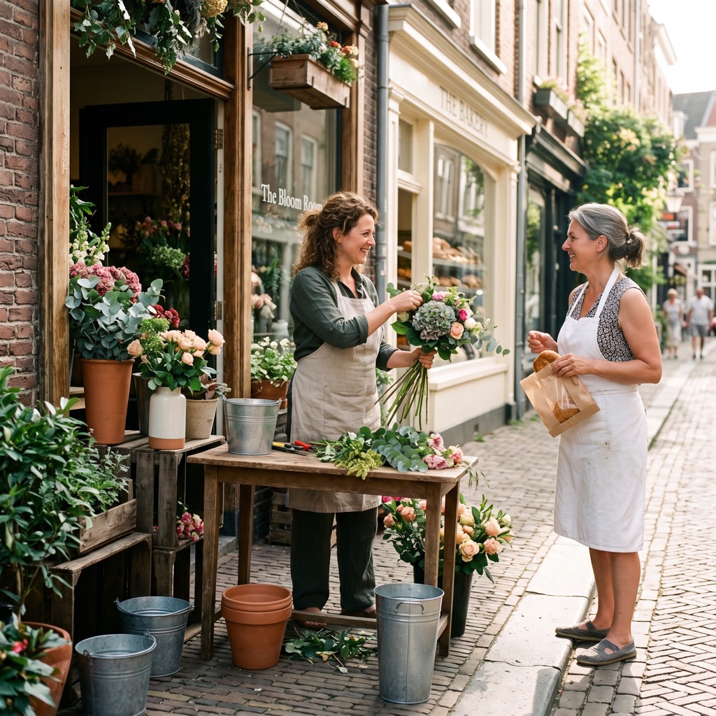 Twee ondernemers uit dezelfde straat die buiten hun winkels met elkaar praten
