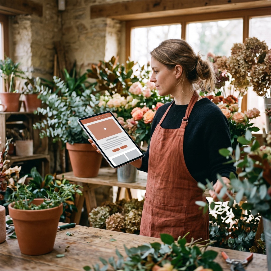 Bloemist bekijkt de eigen website op een tablet tussen seizoensbloemen in de winkel
