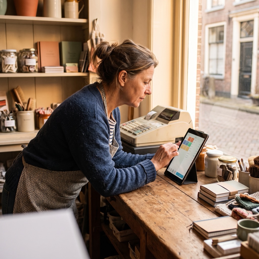 Ondernemer bekijkt de eigen website op een tablet achter de toonbank van de winkel
