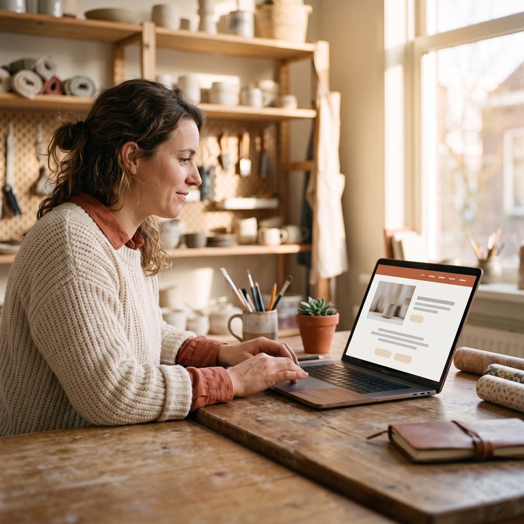 Ondernemer bekijkt de eigen bedrijfswebsite op een laptop aan een werktafel