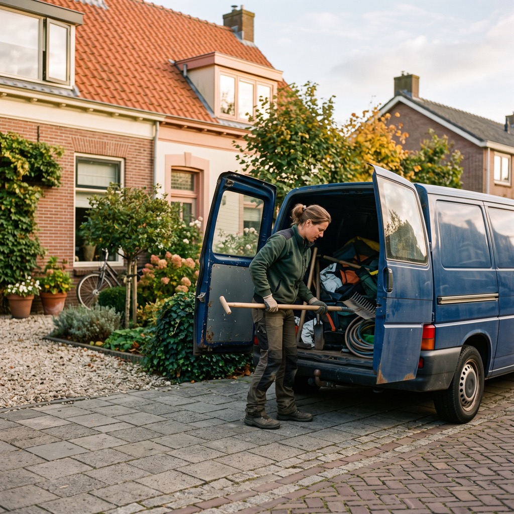 Vakman laadt gereedschap in bij een klant, met de omgeving zichtbaar op de achtergrond