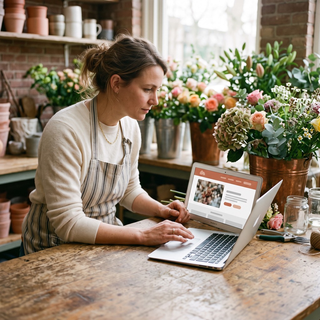 Bloemist bekijkt in de werkplaats de eigen website op een laptop