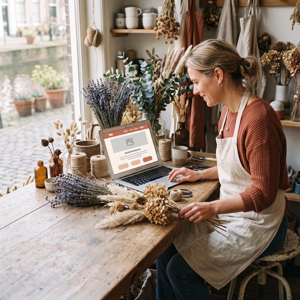 Bloemiste bekijkt haar eigen website op een laptop op de werktafel in haar winkel