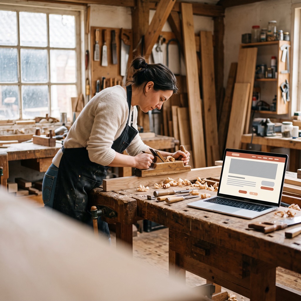 Meubelmaker bekijkt in zijn werkplaats de website van zijn bedrijf op een laptop naast zijn gereedschap