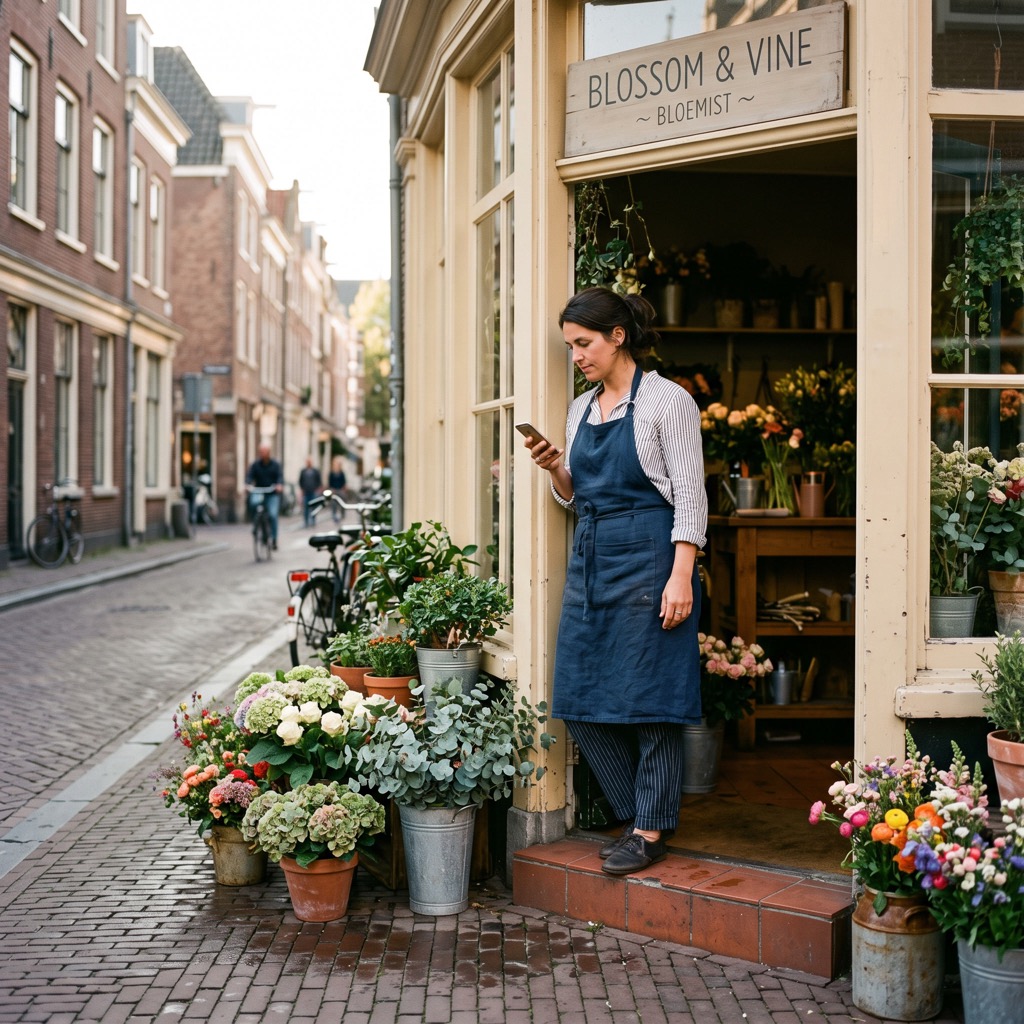 Ondernemer met telefoon in de deuropening van een kleine bloemenwinkel op een rustige straat in de ochtendzon