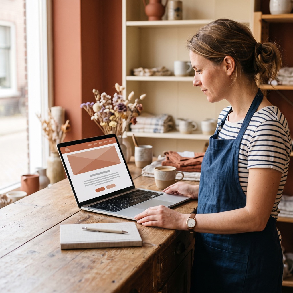 Ondernemer in schort leest de teksten van haar eigen website op een laptop op de toonbank
