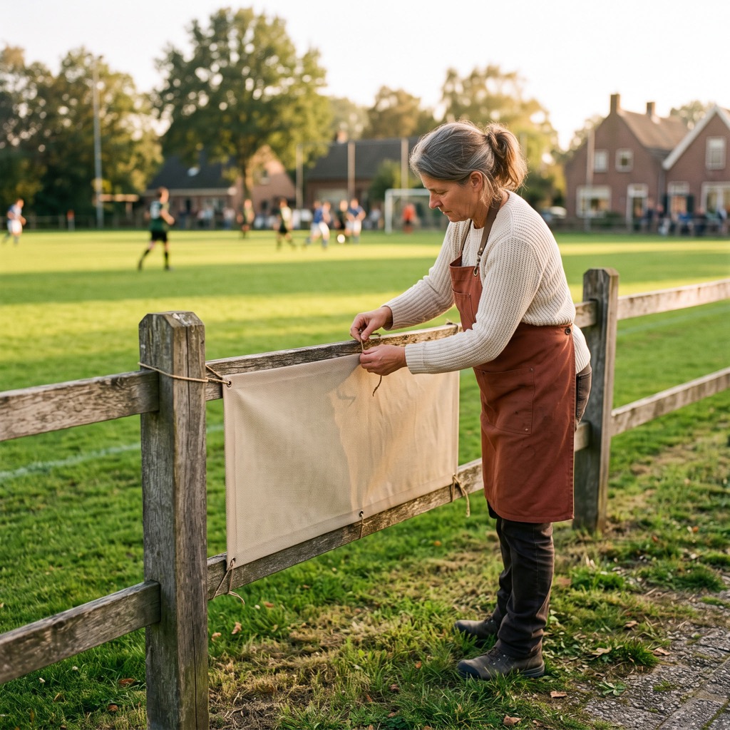Ondernemer bevestigt een reclamedoek aan het hek langs een sportveld in de avondzon