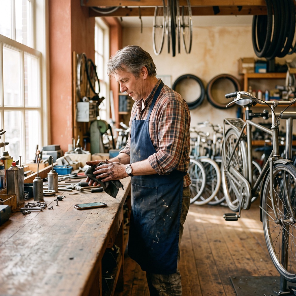 Ondernemer in een zonnige fietsenwerkplaats kijkt van opzij naar zijn telefoon op de werkbank