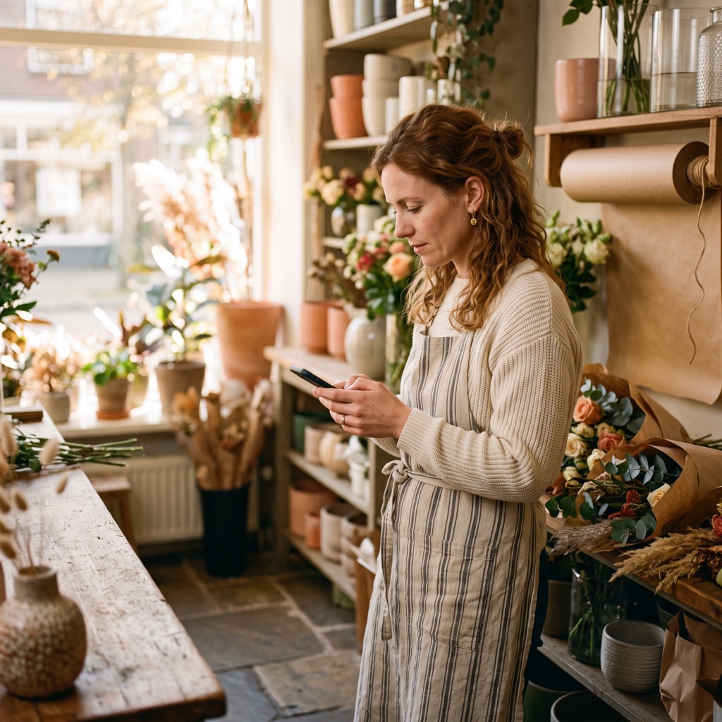 Bloemist achter de toonbank van een kleine winkel kijkt op een telefoon tussen de boeketten