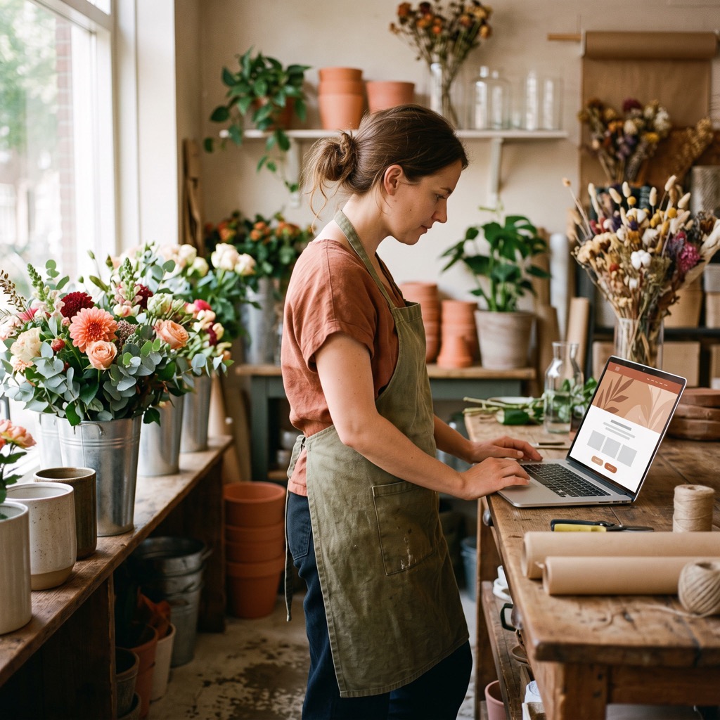Bloemiste in haar winkel bekijkt haar eigen website op een laptop op de toonbank