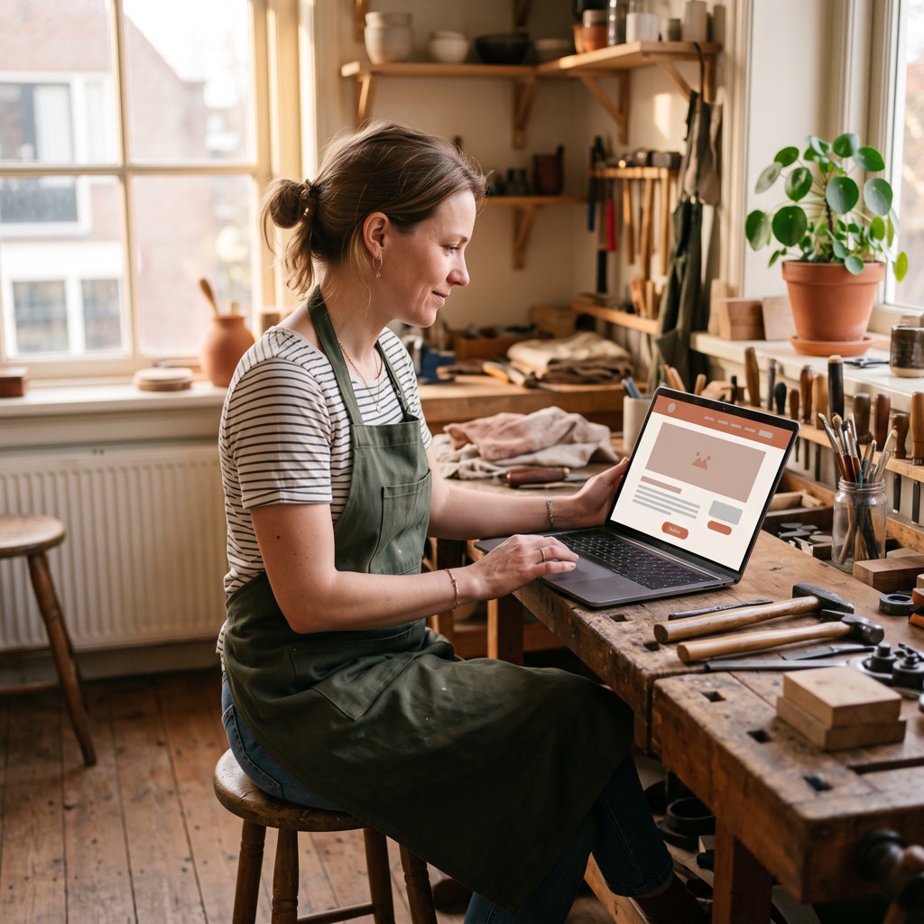 Ondernemer bekijkt op een laptop de teampagina van de eigen website, zittend naast een werkbank in de werkplaats.