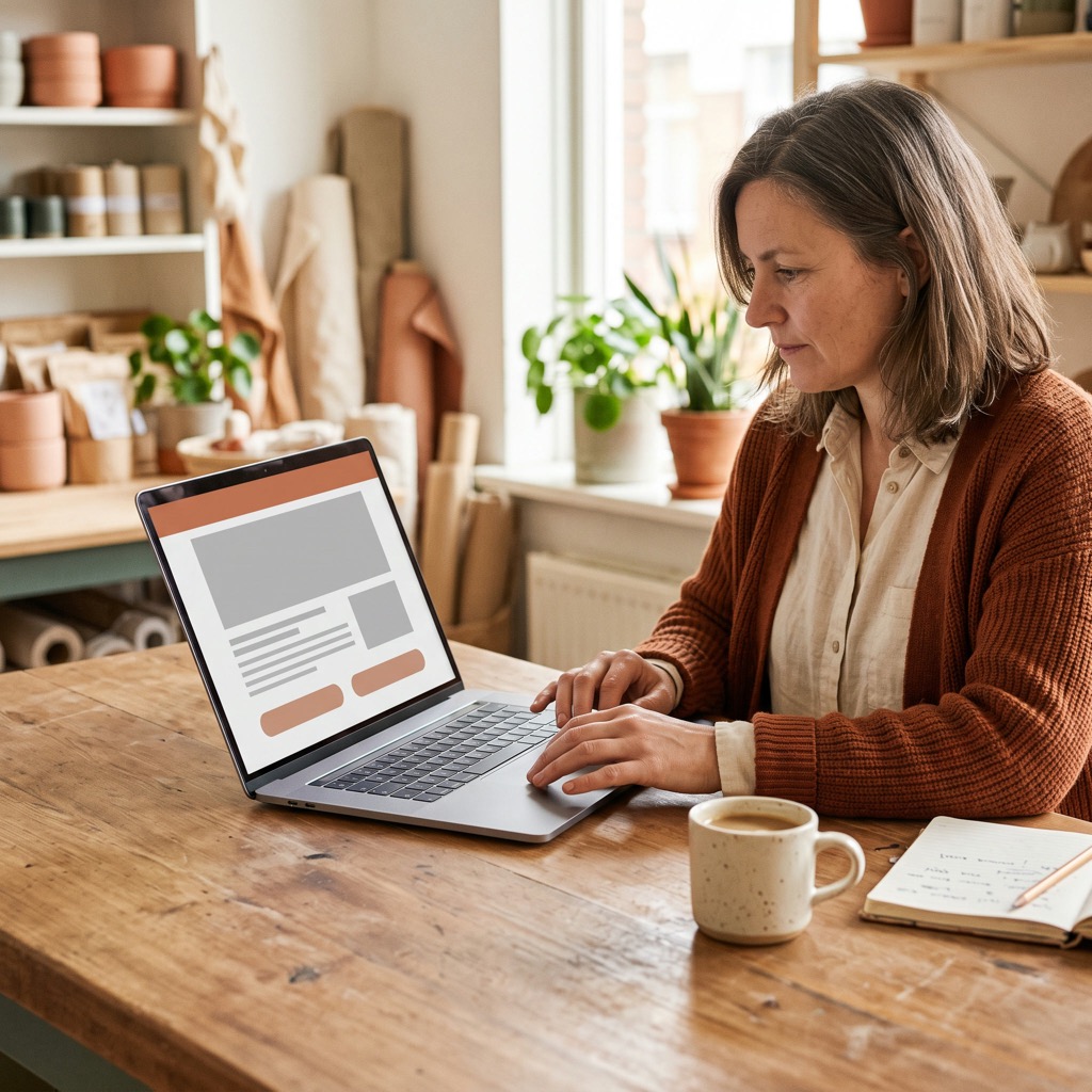Ondernemer bekijkt de eigen website op een laptop aan een houten werktafel bij daglicht
