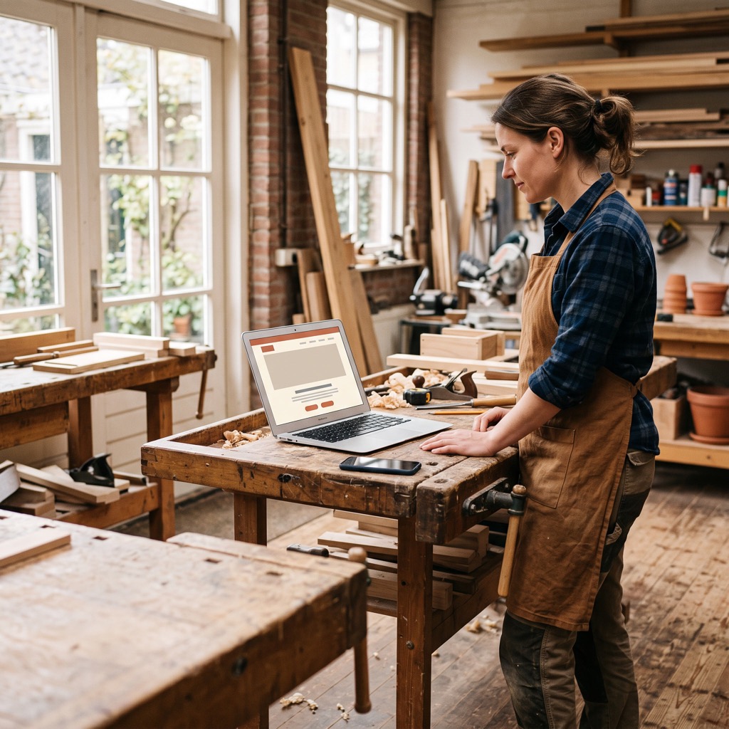 Vakvrouw in haar werkplaats bekijkt haar eigen website op een laptop, met haar telefoon ernaast op de werkbank