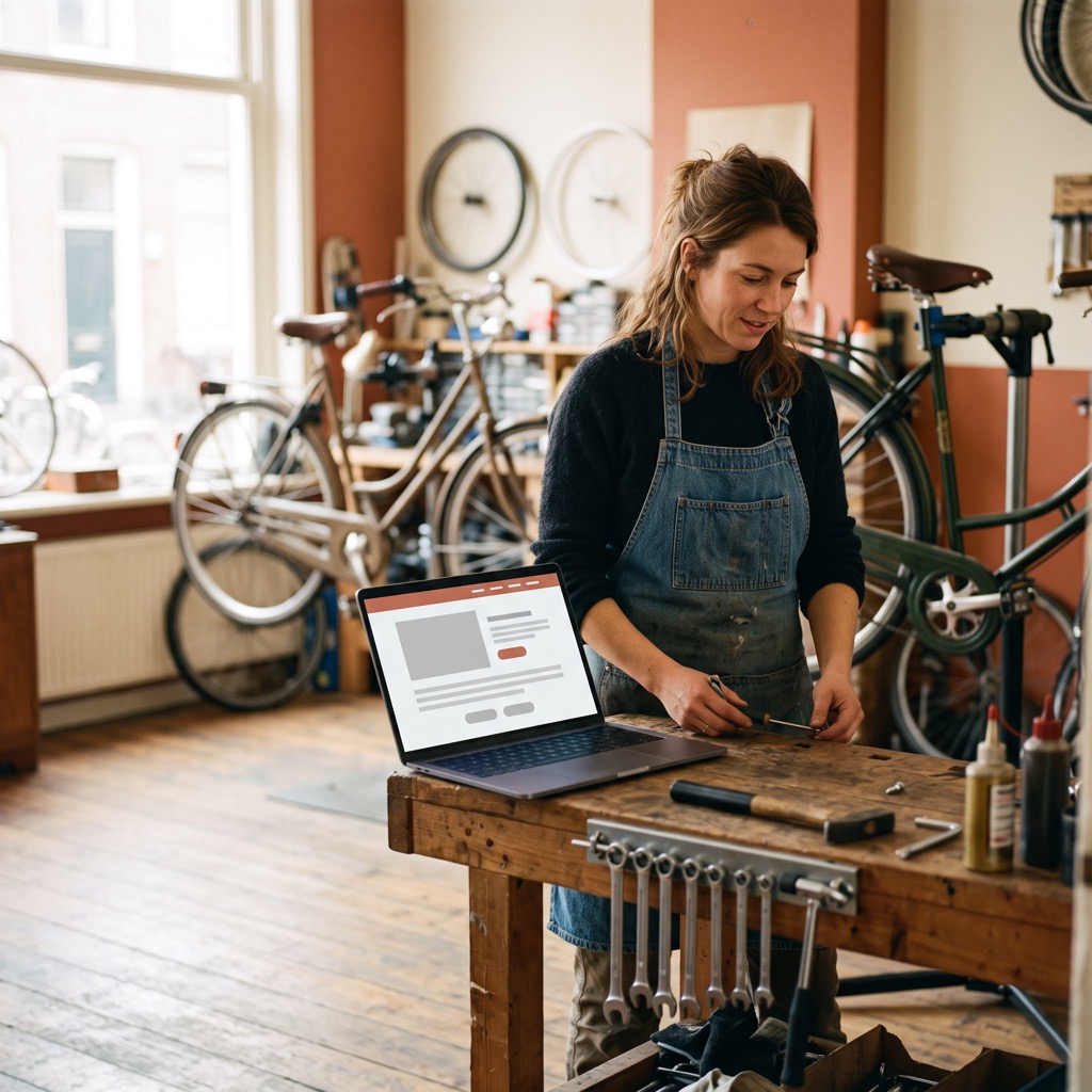 Ondernemer in een fietswerkplaats bekijkt zijn eigen website op een laptop op de werkbank