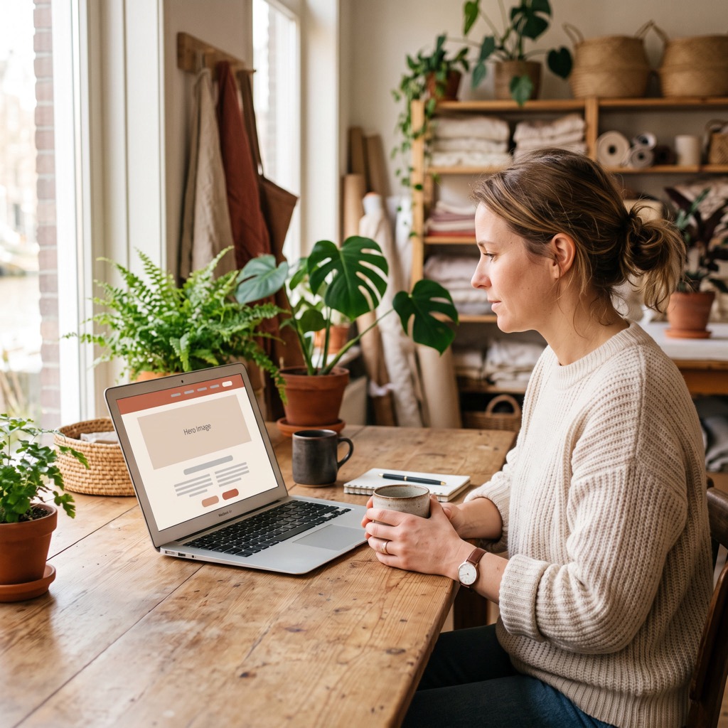 Ondernemer aan een houten bureau bekijkt de eigen website op een laptop in een licht kantoor