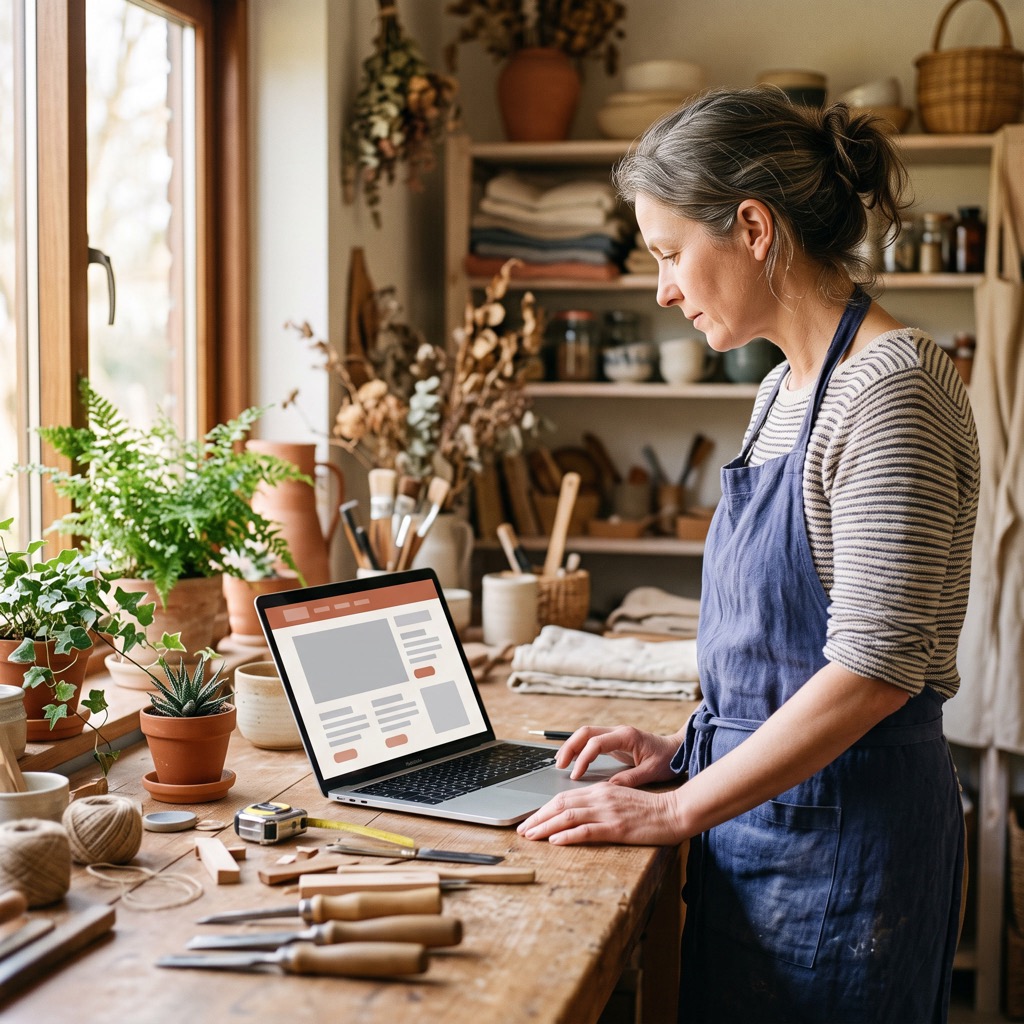Ondernemer bekijkt de eigen website op een laptop aan een werkbank in de winkel