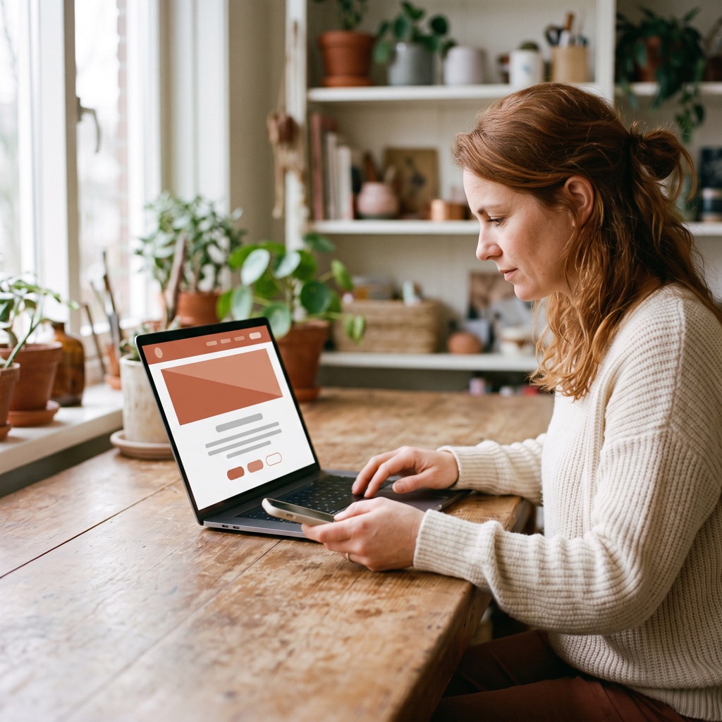 Ondernemer aan een houten bureau kijkt naar de eigen website op een laptop, met de telefoon in de hand