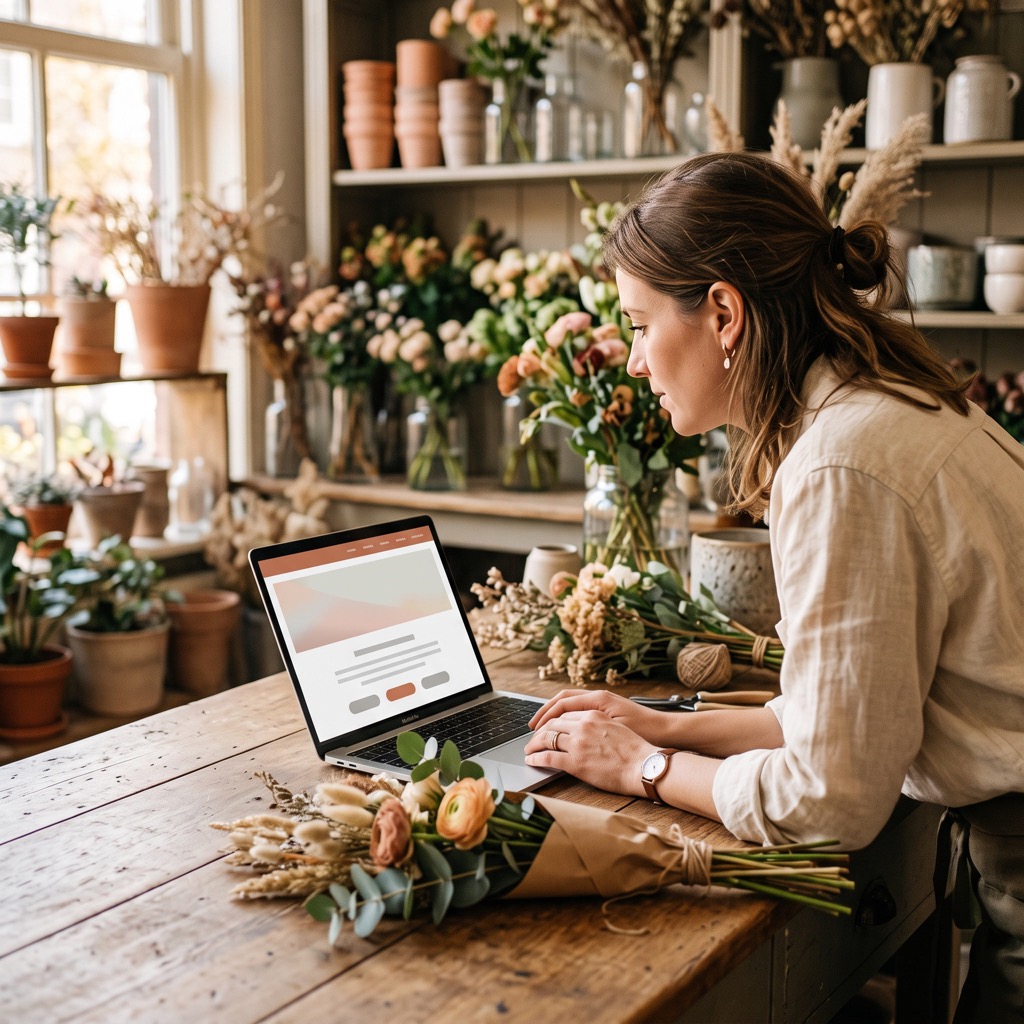 Bloemist buigt zich in de winkel over een laptop met de eigen website op het scherm