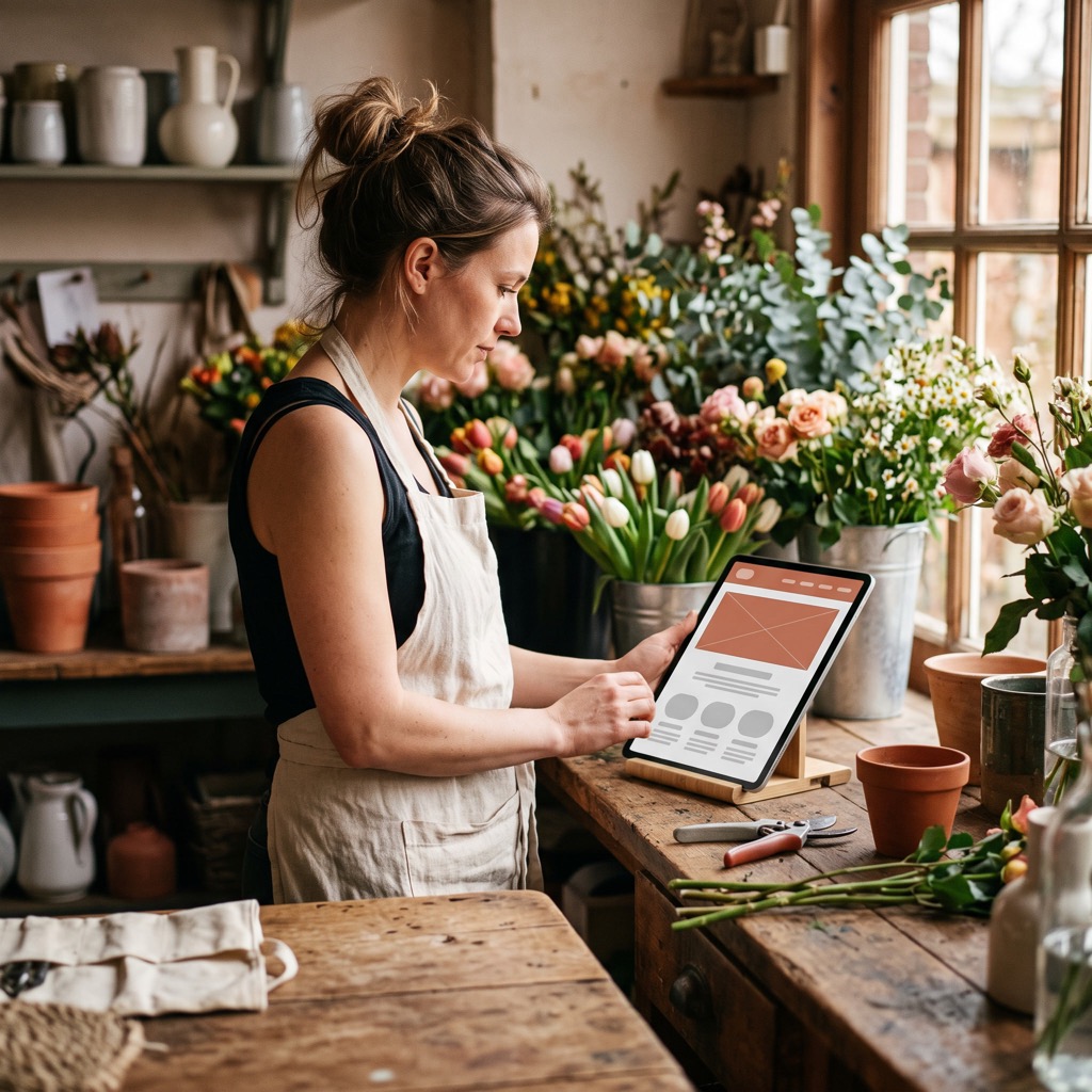 Bloemist in een schort bekijkt de eigen website op een tablet op de werkbank in de winkel