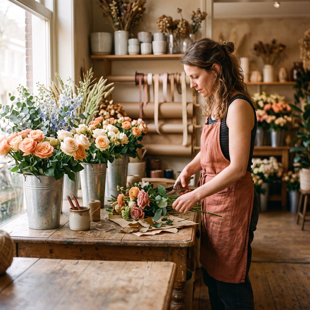 Bloemist werkt van opzij gezien aan een houten werktafel in een warm verlichte winkel