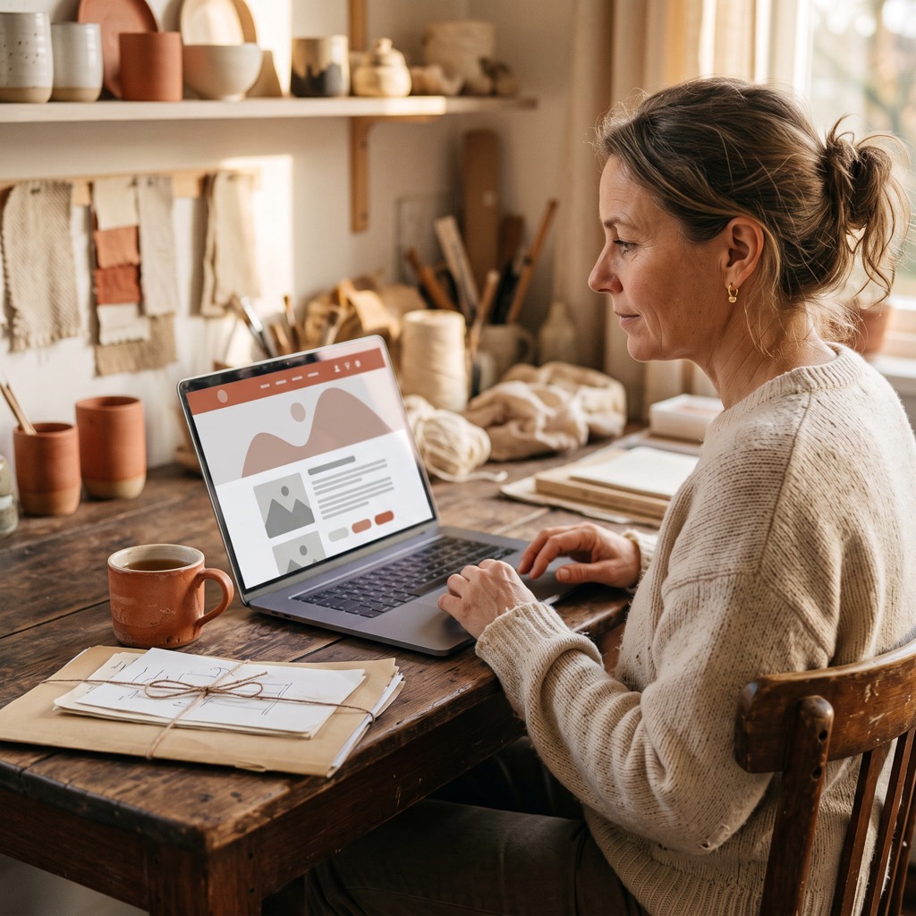 Ondernemer bekijkt haar eigen website op een laptop aan een houten bureau