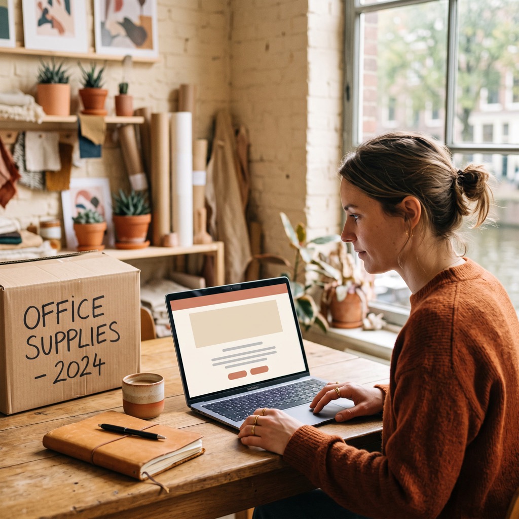 Ondernemer bekijkt de eigen website op een laptop aan een houten werktafel, met een verhuisdoos ernaast