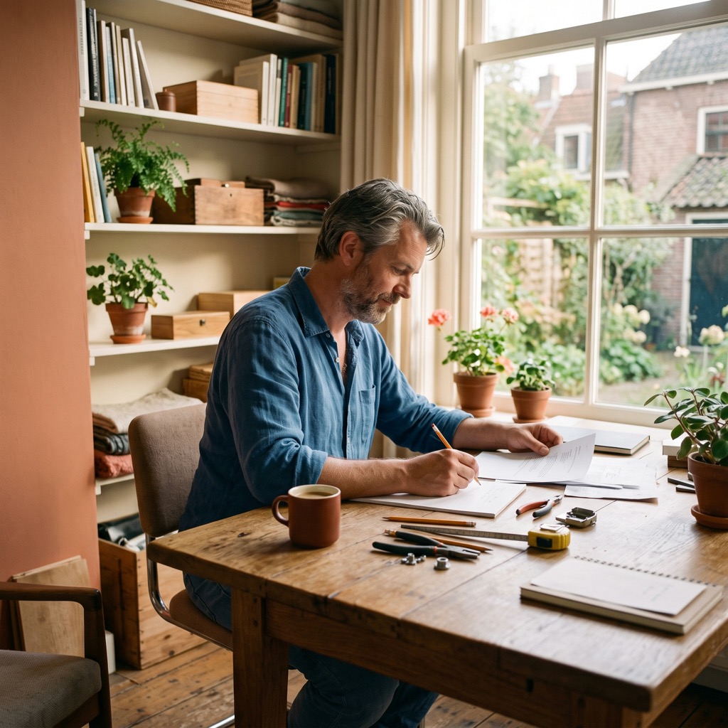 Ondernemer aan het werk aan een tafel in zijn werkruimte thuis, zijaanzicht in warm ochtendlicht