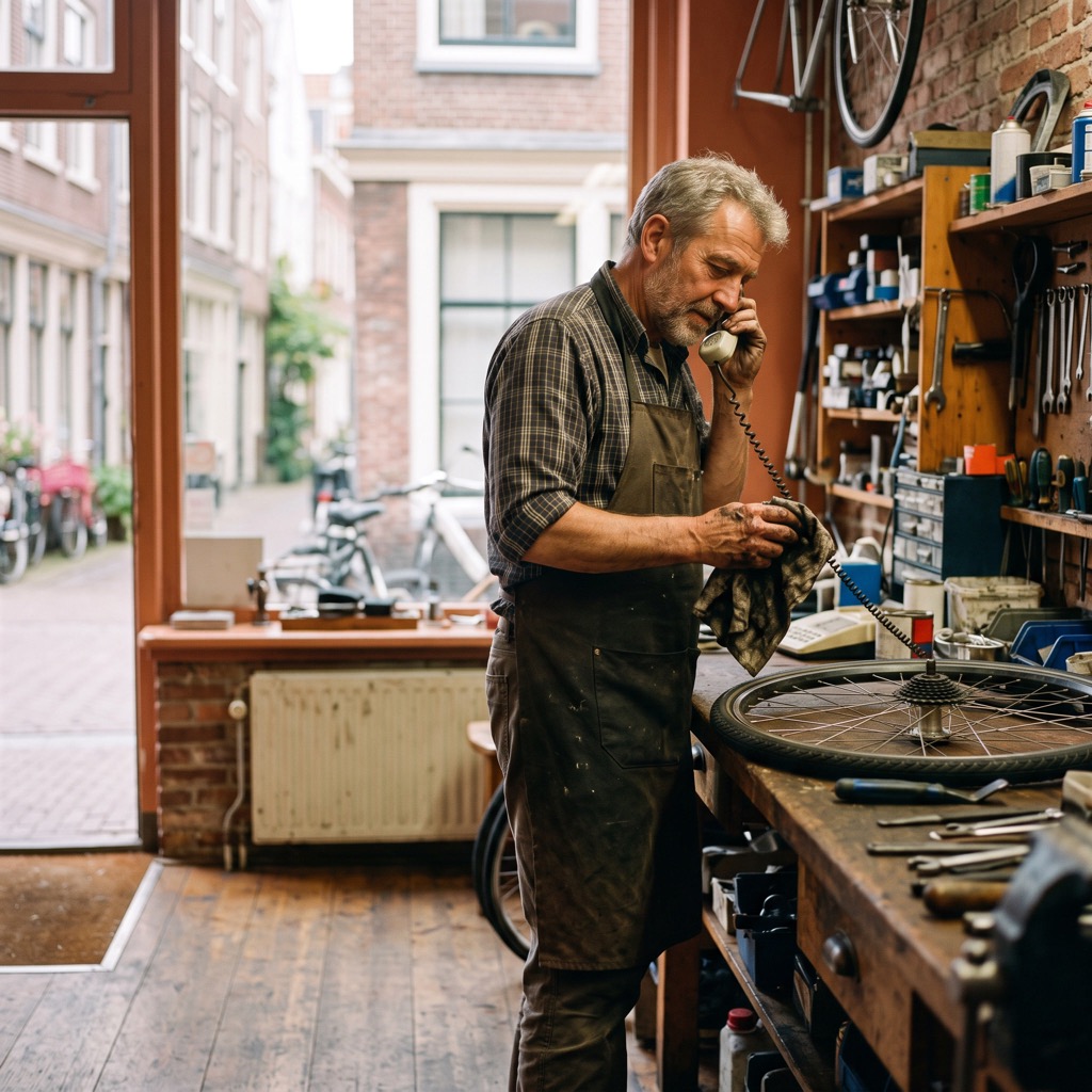 Ondernemer in een fietsenwerkplaats belt met een klant terwijl hij bij zijn werkbank staat