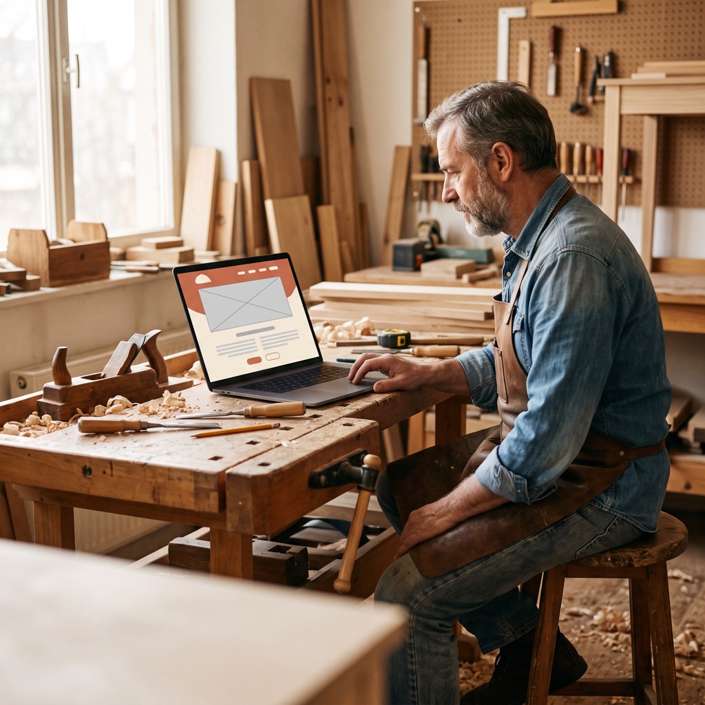 Meubelmaker in zijn werkplaats bekijkt zijn website op een laptop op de werkbank
