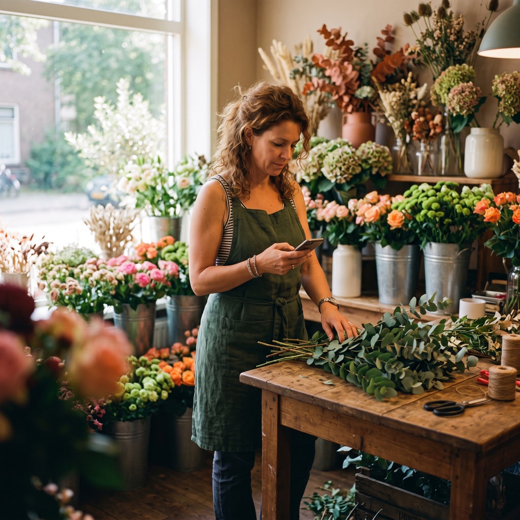Bloemiste kijkt op haar telefoon achter de toonbank van een kleine bloemenwinkel