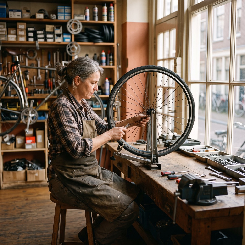 Fietsenmaker in werkschort sleutelt aan een wiel in zijn werkplaats bij warm middaglicht