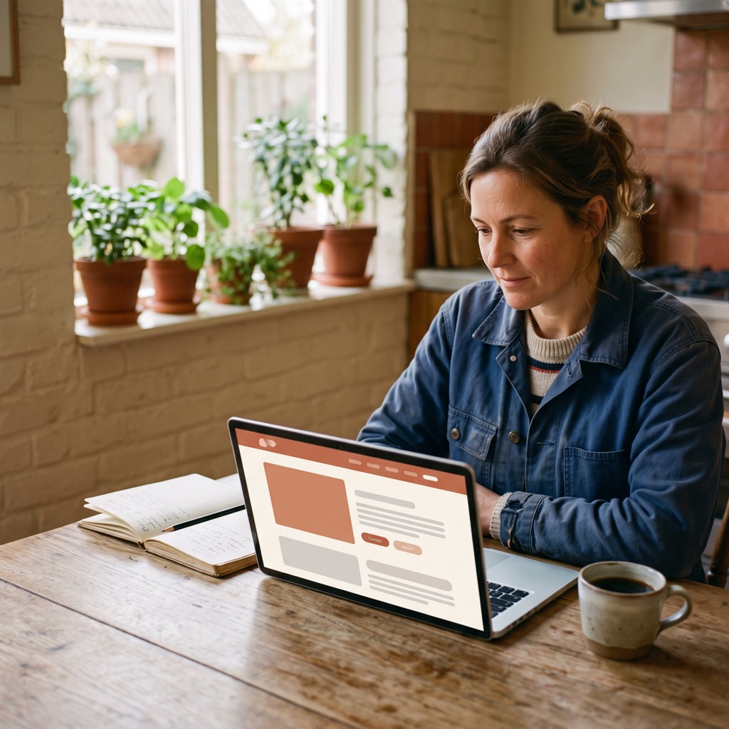 Ondernemer aan een keukentafel kijkt naar haar eigen website op een laptop, met een notitieblok ernaast
