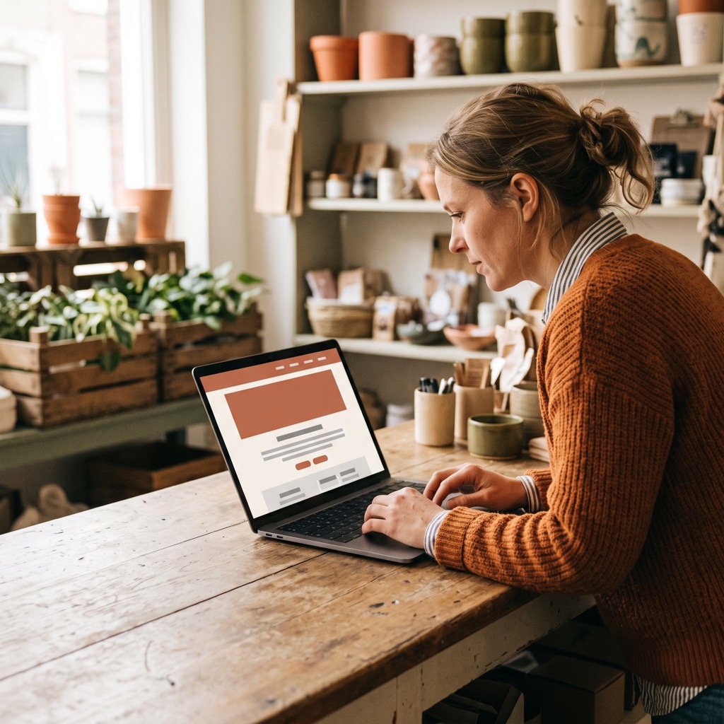 Ondernemer bekijkt de eigen website op een laptop op de toonbank van een kleine winkel