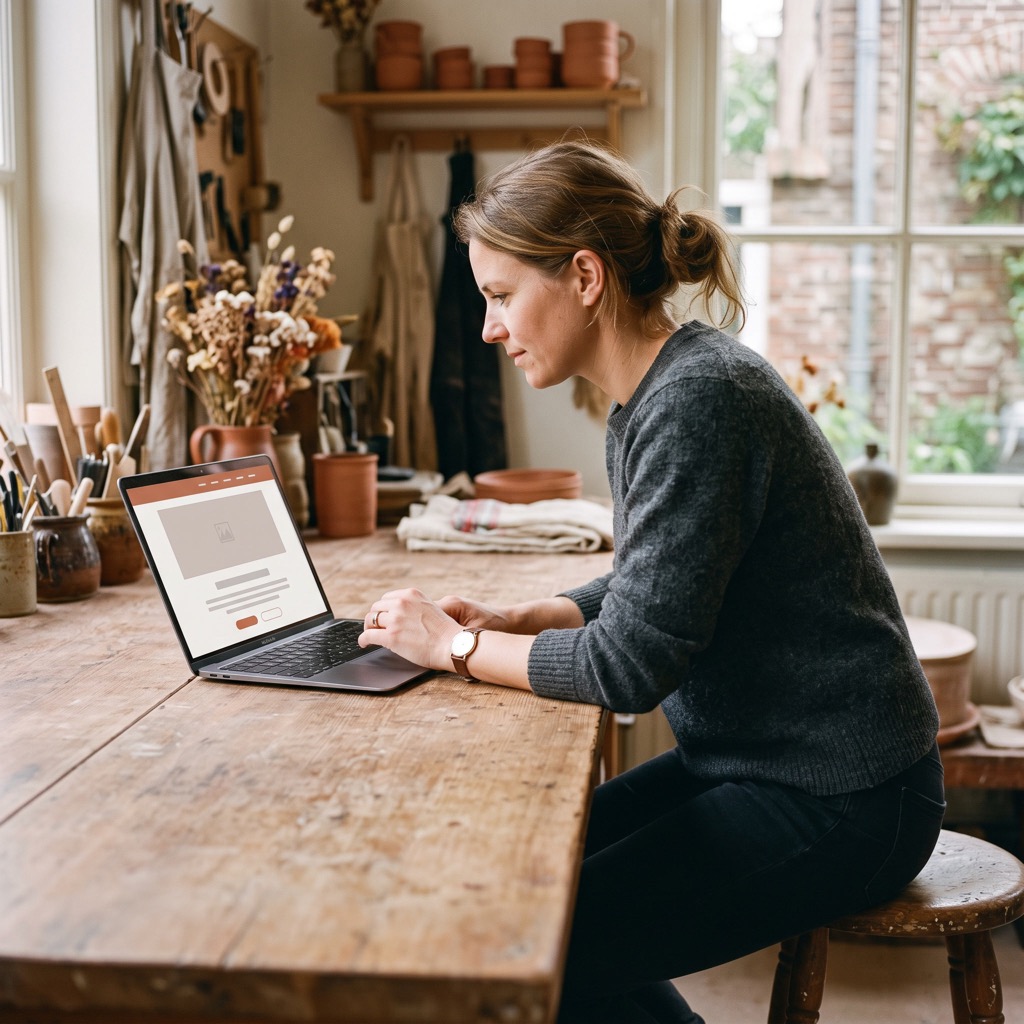 Ondernemer bekijkt de eigen website op een laptop in de werkplaats