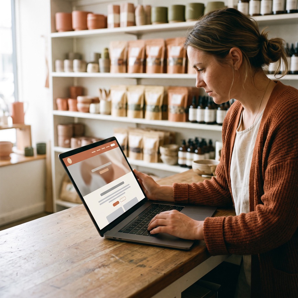 Ondernemer bekijkt de eigen bedrijfswebsite op een laptop in de winkel