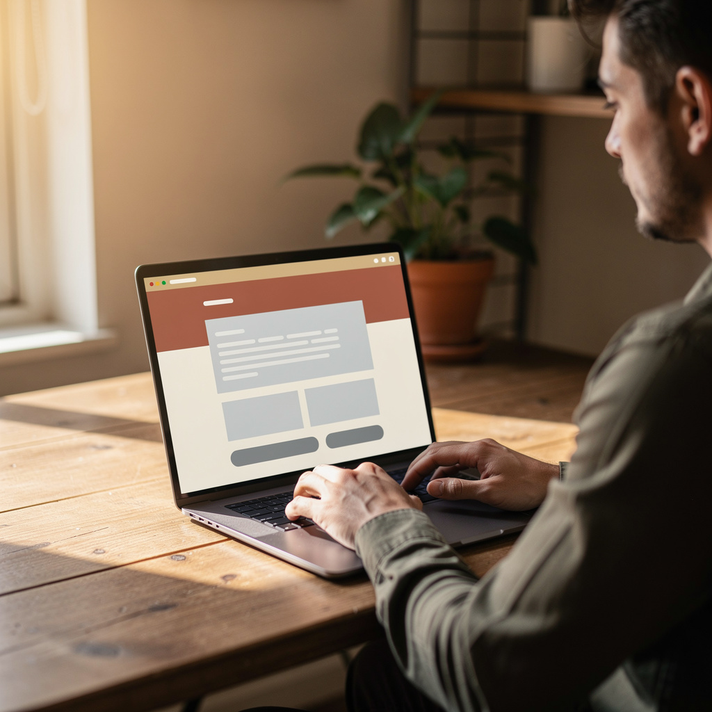 Ondernemer bekijkt de footer van zijn website op een laptop aan een houten bureau