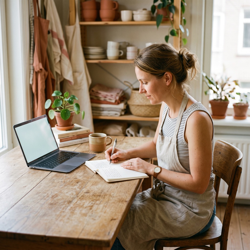 Ondernemer maakt aantekeningen naast een laptop in een warm verlicht kantoor