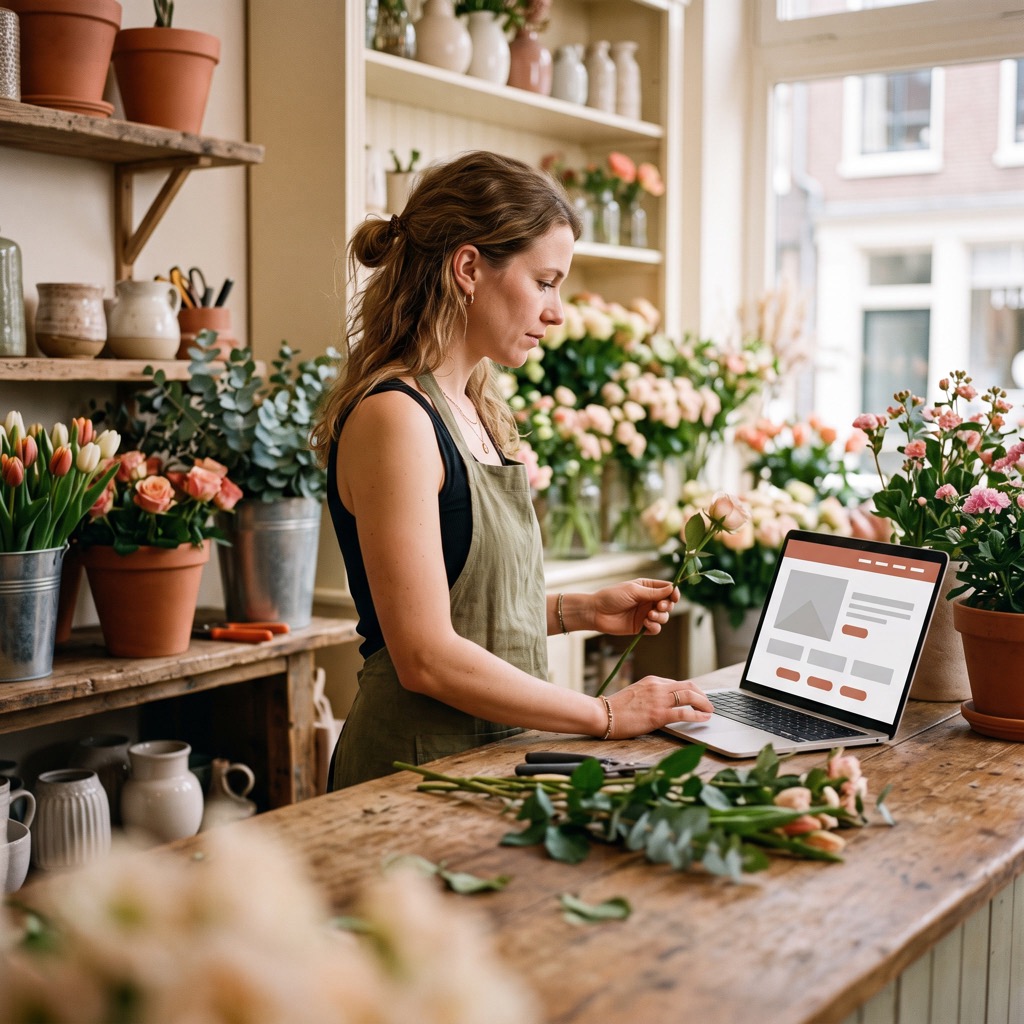 Ondernemer bekijkt haar website op een laptop achter de toonbank