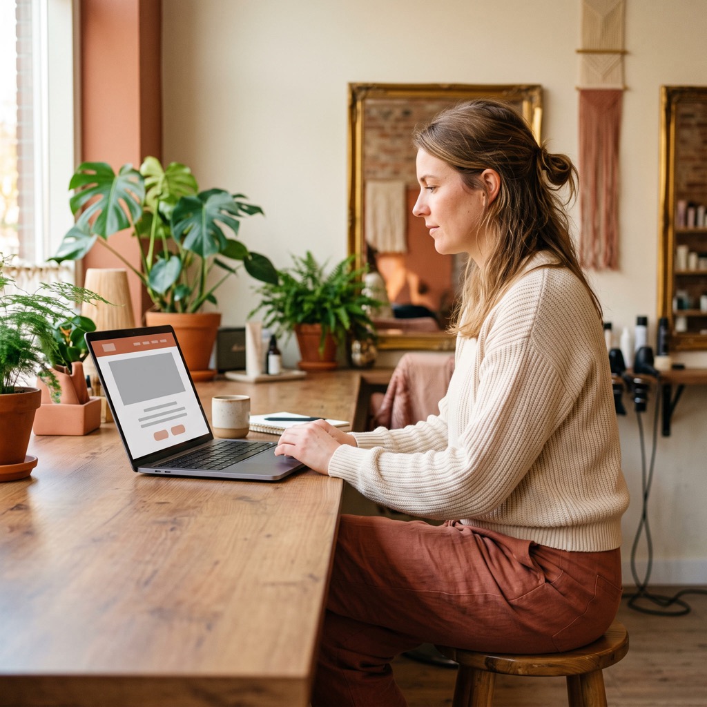Onderneemster bekijkt haar bedrijfswebsite op een laptop in haar eigen zaak