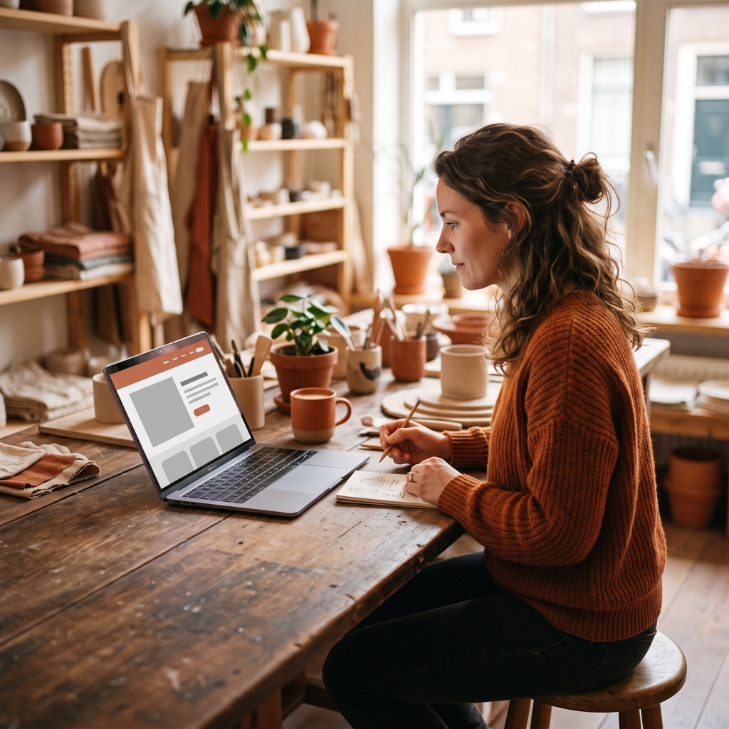 Ondernemer bekijkt de eigen website op een laptop in de werkplaats
