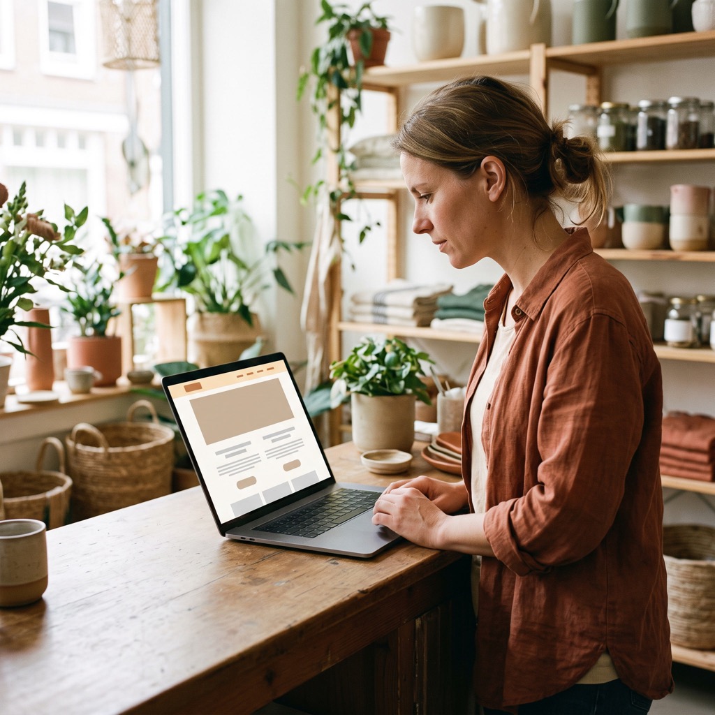 Ondernemer in een kleine winkel bekijkt van opzij de eigen website op een laptop