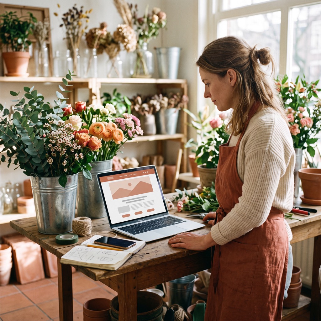 Bloemiste bekijkt haar eigen website op een laptop op de werkbank in haar winkel