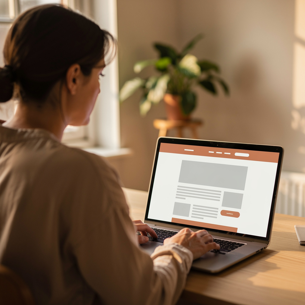 Ondernemer bekijkt de navigatie van een website op een laptop aan een houten bureau